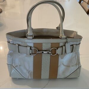 Coach White and Tan Stripe Satchel with Horsebit Accent